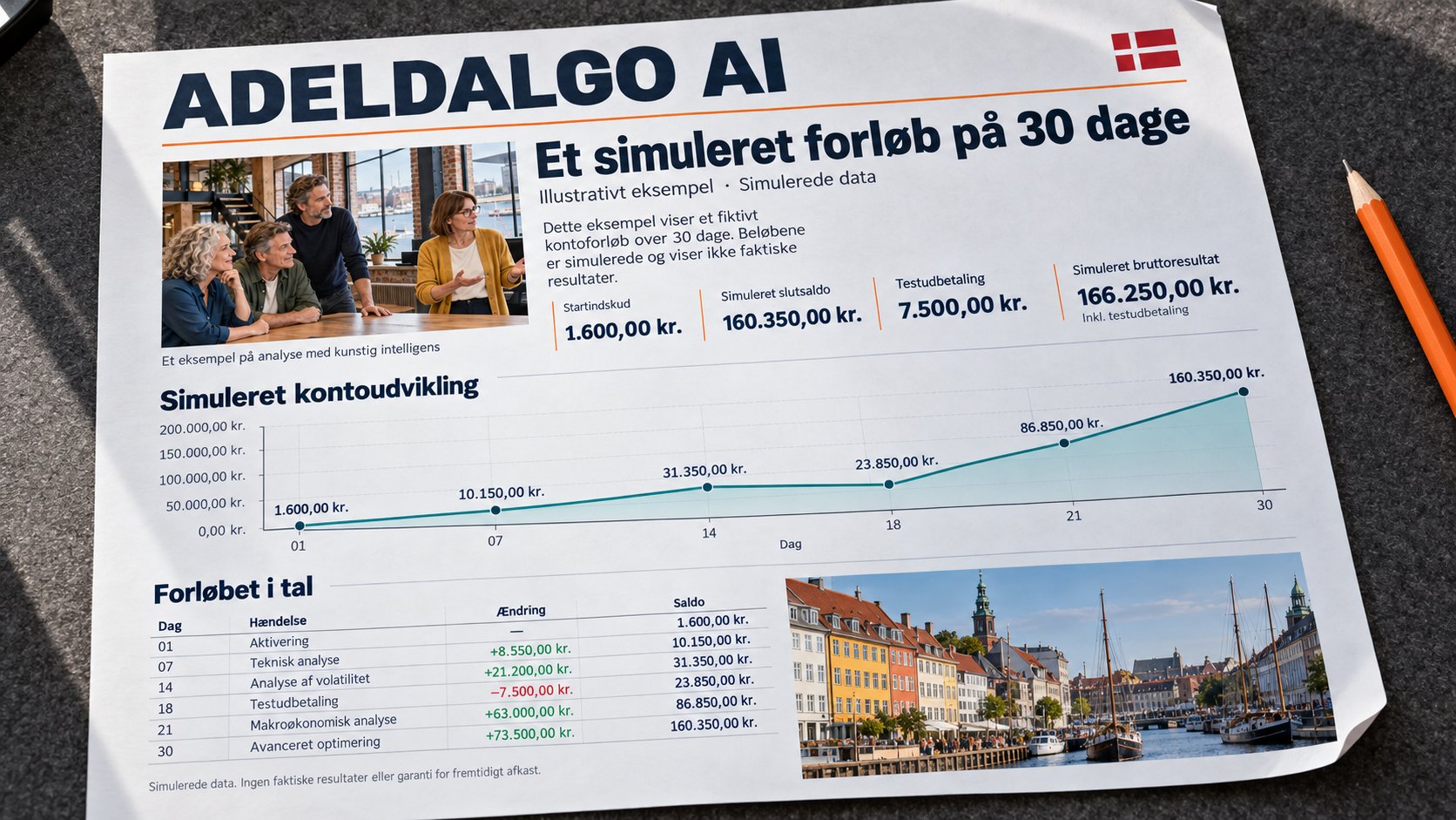 Forløbet i vores testkonto over 30 dage